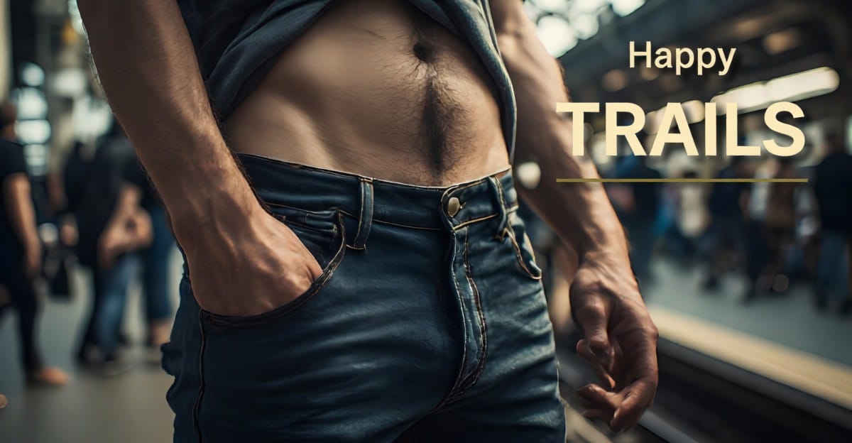 Close-up of a man’s exposed torso on a subway platform for Happy Trails