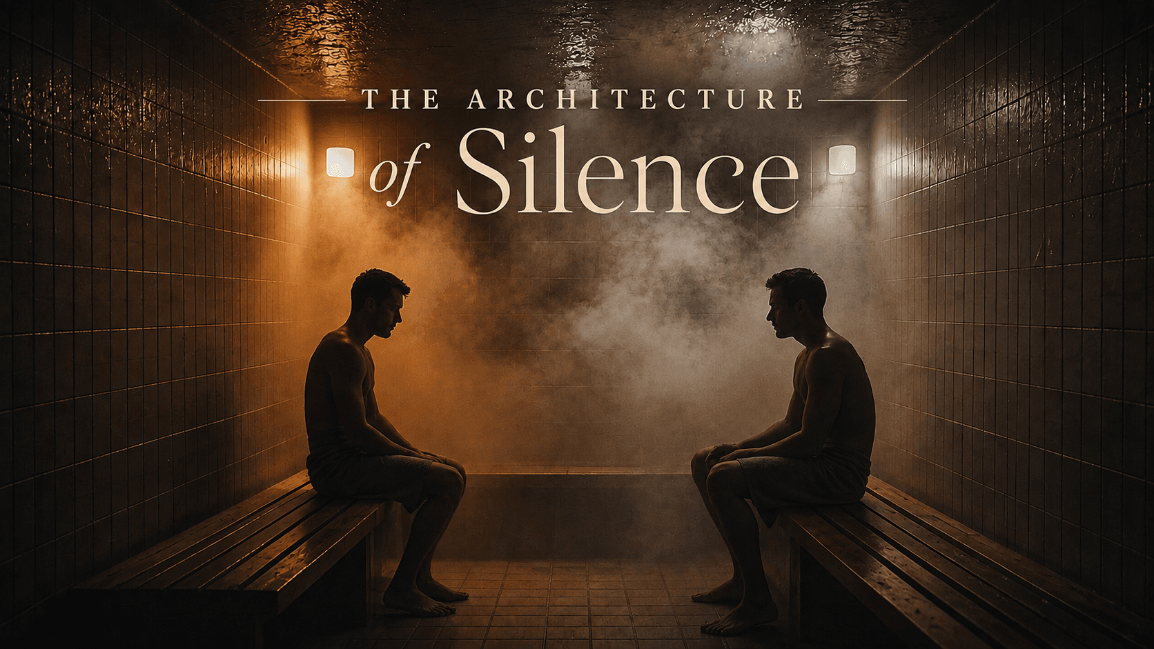 Two men sitting opposite each other in a steam-filled sauna for The Architecture of Silence