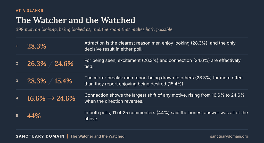 At a glance, five findings: attraction is the clearest reason men enjoy looking (28.3%); for being seen, excitement (26.3%) and connection (24.6%) are effectively tied; men report being drawn to others (28.3%) far more often than enjoying being desired (15.4%); connection rises from 16.6% to 24.6% when the direction reverses; and 44% of commenters said the honest answer was all of the above.
