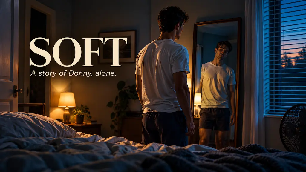 A young man stands alone in a dimly lit bedroom, contemplating his reflection amid warm lamplight and cool blue twilight.