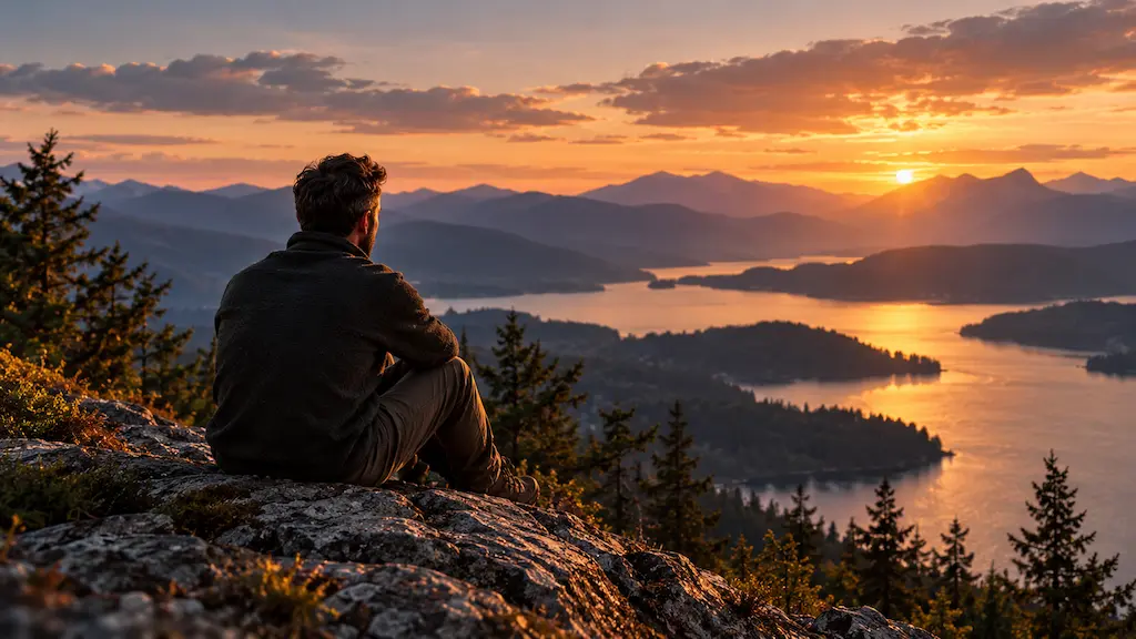 A man stands overlooking a mountain lake at sunset, surrounded by distant peaks and a warm evening sky.