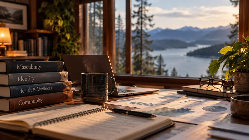 A lakeside study desk with books about masculinity and identity, a laptop, and research papers, overlooking a mountain lake.