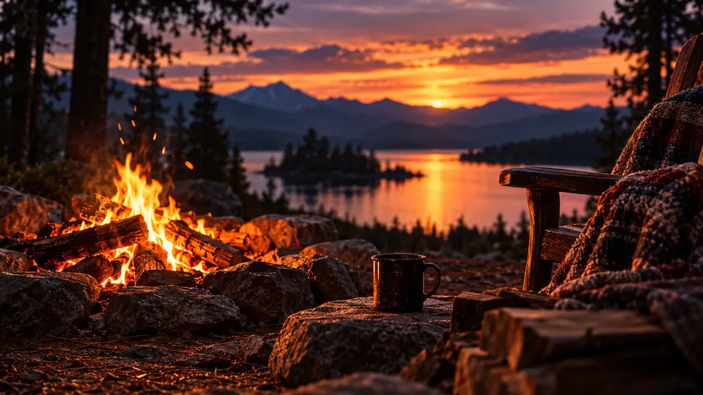 A glowing campfire beside a mountain lake at dusk, with an empty chair and a mug overlooking the water.