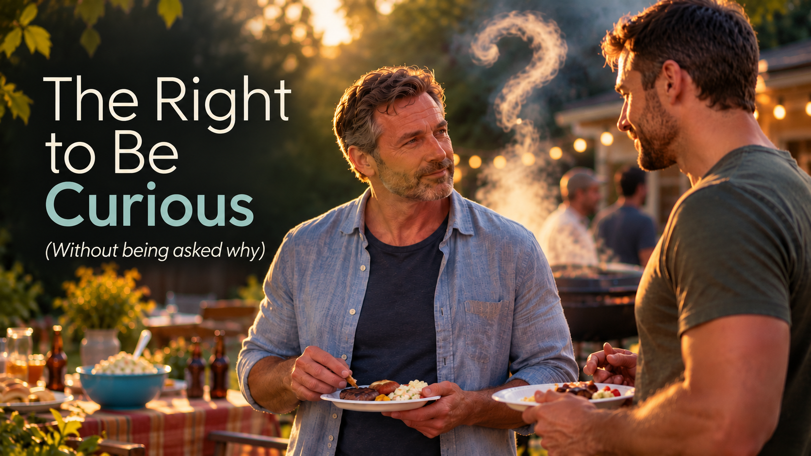 alt text please Two men enjoying a thoughtful conversation at a backyard barbecue at sunset, holding plates of food as smoke from a grill curls into a question mark